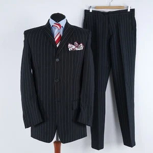 Mens 3 Button Striped Suit 42L UK Size Trousers W33 L33 SUIT Black 2 Piece - Picture 1 of 17