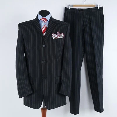 Mens 3 Button Striped Suit 42L UK Size Trousers W33 L33 SUIT Black 2 Piece - Image 1 of 4