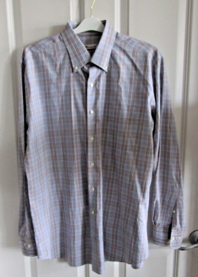 Camisa de vestir Peter Millar para hombre grande azul/marrón a cuadros Foto 1 de 4