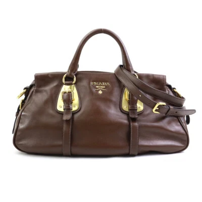 Auth PRADA Handbag Shoulder Bag Dark Brown Leather/Goldtone - e60212k - Image 1 of 4
