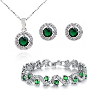 Crystalline Azuria 18KGold Plated Crystal Green Round Simulated Emerald Set 4.6 - Picture 1 of 6