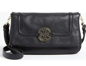 TORY BURCH Amanda Pebbled Leather Foldover Crossbody Bag Medium Black Messenger - Picture 1 of 12