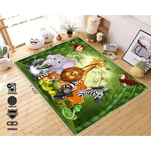 Jungle Safari Kids Rug, Cartoon Animal Play Mat, Green Nursery Carpet for Childr - Picture 1 of 10