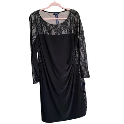 NWTS Chaps Petite Black Sheath Dress Lace Party Cocktail Long Sleeve 20 Lined - Image 1 of 4