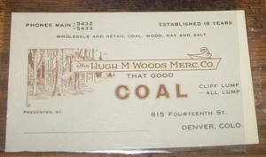 1940's Business Card Hugh M. Wood Merchant Co Coal Denver Colorado~Cliff Lump - Picture 1 of 2