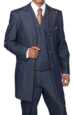 Men's100% Cotton denim Jean suit vested double contrast sticting Black,Navy 5285 - Image 1 of 3