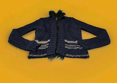 Free People North Star Cardigan Sz S/P, Navy Cable Knit with Faux Fur Collar  - Image 1 of 4