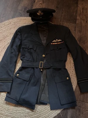 WW2 RAF pilots dress tunic with bar and cap , post war badge-buttons  - Image 1 of 4