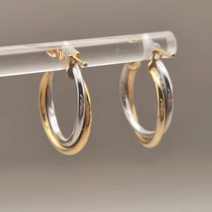 9k Yellow White Two-Tone Gold 375 Hoop Earrings ACT#8606 - Picture 1 of 12