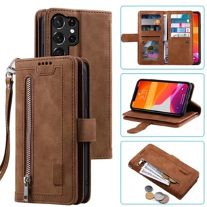 Funda tipo billetera para Samsung Galaxy S22 Ultra, funda para tarjeta magnética con cremallera de cuero  - Imagen 1 de 26