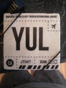 Set Of 4 YUL Montreal Airport Code White Marble And Cork Footing Coasters  - Picture 1 of 4