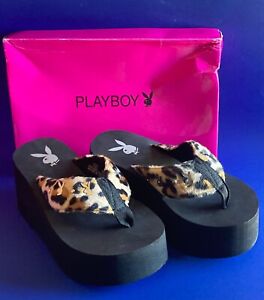 Zoe Playboy Bunny Black Foam Wedge Platform Sandals Size 5 Leopard  90s Y2K