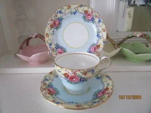 GORGEOUS VINTAGE AYNSLEY BLUE TRIO WITH FLORAL BORDER - Foto 1 di 8
