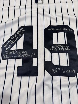 LOUISIANA LIGHTNING RON GUIDRY SIGNED AUTO CAREER 9 STAT YANKEES JERSEY - Image 1 of 4