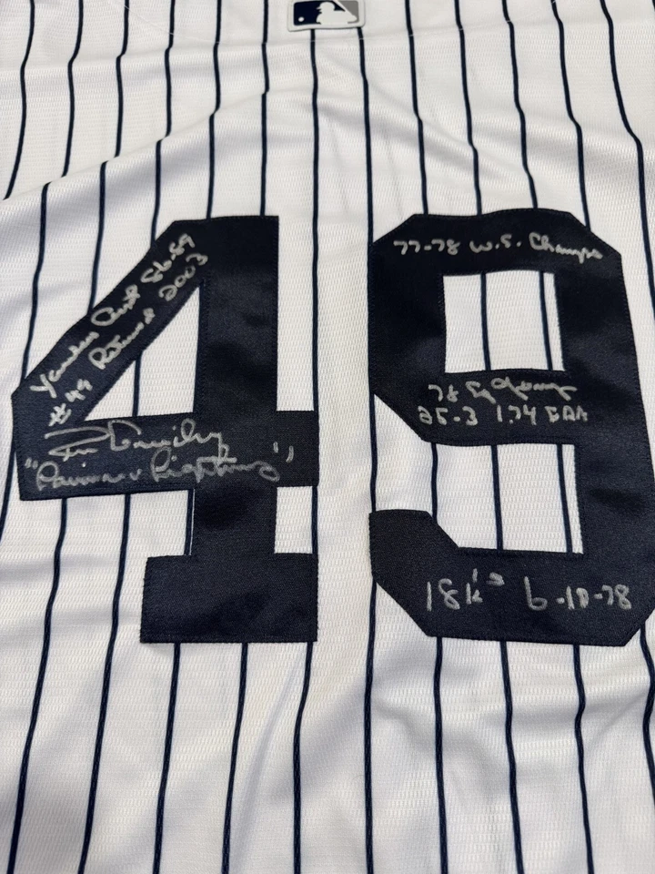 LOUISIANA LIGHTNING RON GUIDRY SIGNED AUTO CAREER 9 STAT YANKEES JERSEY - Image 1 of 4