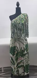 Farm Rio Dress Women Medium NEW Green Tropical Forest Fringe Midi One Shoulder - Picture 1 of 16