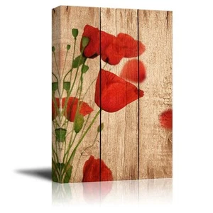 Canvas Prints Wall Art - Poppy Flowers on Vintage Wood Background - 16" x 24" - Picture 1 of 3