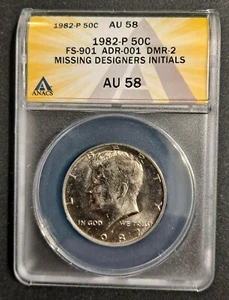 1982-P KENNEDY HALF DOLLAR MISSING DESIGNER INITIALS!- ANACS AU 58 !-d6384dhdx - Picture 1 of 5