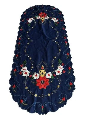 Christmas Blue Table Runner Poinsettia Candle Satin Stitch Embroidery 15x37” SEE - Image 1 of 4