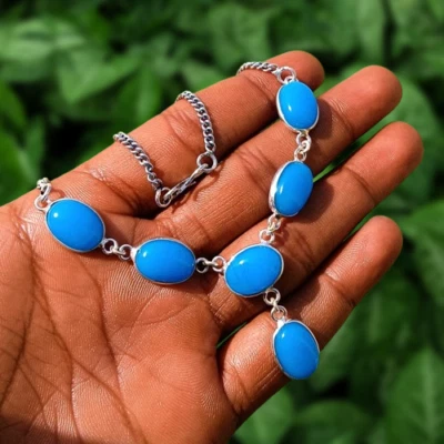 Compra cadena de piedras preciosas de calcedonia azul aguamarina sin cuello joyería enchapada en plata 925 Foto 1 de 4