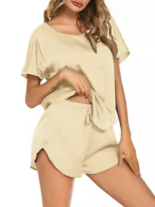 Womens Silk Stain Pajamas Set Short Sleeve Soft Sleepwear Top with Shorts Set PJ - Picture 1 of 12