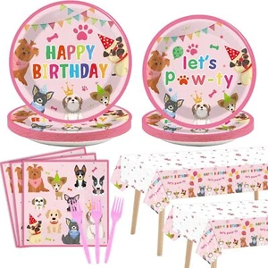 98pcs Dog Birthday Party Decorations Puppy Tableware Set Plates Napkins Pink ... - Picture 1 of 7