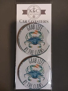Car coasters Crab Saltwater Grab Life By The Claws 2 pack handmade 2.75" - Picture 1 of 1