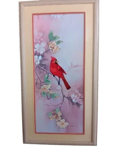 Vintage handgefertigtes rotes Kardinal Vogel Bild signiert Lena Liu Rahmen mit Passepartout - Bild 1 von 7