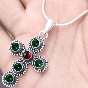 Diopside, Red Garnet Gemstone Pendant 925 Sterling Silver Cross Prayer Jewelry - Picture 1 of 6