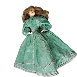 Antike deutsche Wachspuppe am Stock Stofftier Lurex Kleid eingenäht Perücke geschnitzte Haare - Bild 1 von 24