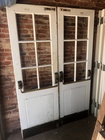 56x83 Antique Solid Wood 6-Pane Exterior Swinging Doors / Brass Pushbar Hardware Cover
