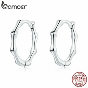 BAMOER Fine European S925 Sterling Silver Bamboo Hoop Earrings For Women Jewelry - Picture 1 of 11