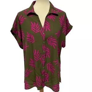 Massini women's shirt short sleeve V neck button up Brown Pink Floral Size XL - Picture 1 of 9