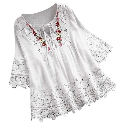 Embroidery Boho Linen Tops Shirt Womens XXL Bohemian Floral Embroidered Blouses  - Image 1 of 4