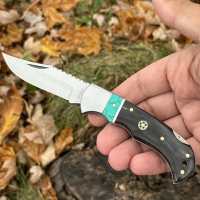 Cuchillo de Bolsillo Mosaico Turquesa Cuerno de Búfalo Imitación Bloqueo Pin Latón Cordón Sujeción Foto 1 de 4