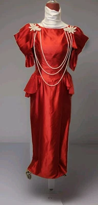 Vntg 80's Red Peplum Prom Gown/Bridesmaid Dress*Faux Pearl*Puff Slv w/Wrap*11/12 - Image 1 of 4