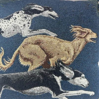 Saluki Dogs “On The Run” 15x15  Tapestry Pillow Blue "We Love Country" USA - Image 1 of 4