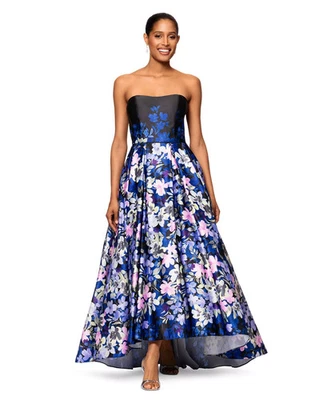 Betsy & Adam Women's Floral-Print Strapless Ball Gown - Black Blue - 8 - Image 1 of 4
