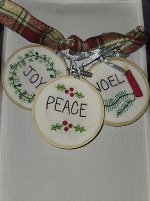 Joy Peace Noel Christmas Needlepoint Round Wall Hangings Or Ornaments Handmade - Image 1 of 4