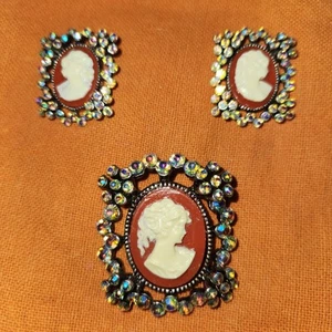3Pcs Aurora Borealis Rhinestone Cameo Pendant Post Stud Earrings Jewelry Set - Picture 1 of 3