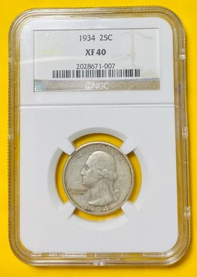 1934 U.S. WASHINGTON SILVER QUARTER 25c COIN (NGC-Graded XF40) 3rd Mintage Year - Image 1 of 2