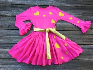 Valentines Day Hot Pink Gold Heart Dress | Valentines Day Girl Dress - Picture 1 of 1