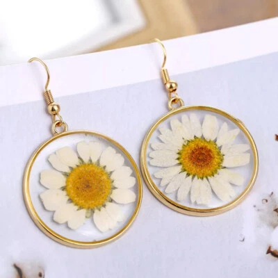 Daisy Earrings white real flowers gold rim clear resin - Image 1 of 4