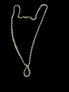Vintage silver tone choker collar necklace clear rhinestones green teardrop - Picture 1 of 4