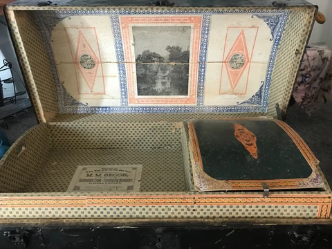Charming Antique Victorian M. M. Secor  Dome Top Steamer Trunk Cover