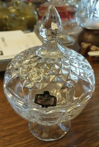 Heavy Lidded Pedestal Crystal Clear Candy Dish Compote Diamond Pattern 7 "Tall - Picture 1 of 7