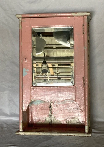 Shabby Antique Oak Medicine Cabinet Beveled Mirror Pink Cottage Chic Vtg 164-22E Cover