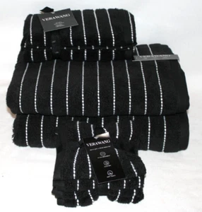 Vera Wang Stripe Solid Black / White Stitching Eight Piece Bath Towel Set New - Picture 1 of 3