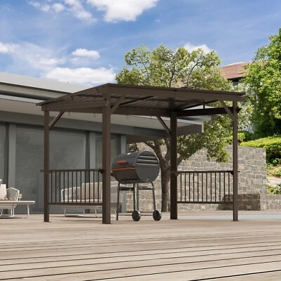 DOMI OUTDOOR LIVING Domi Outdoor 6.5x12FT Hardtop Grill Gazebo w/2 Side Shelves &Ceiling Hook,Brown