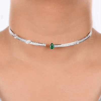 14k White Solid Gold 4.31 TCW Zambian Emerald SI/H Diamond Choker Necklace Gift - Imagem 1 de 4
